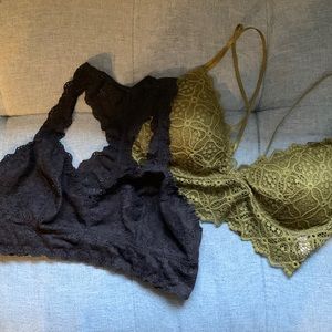 2 size large lace bralettes, black Jezebel and olive Auden